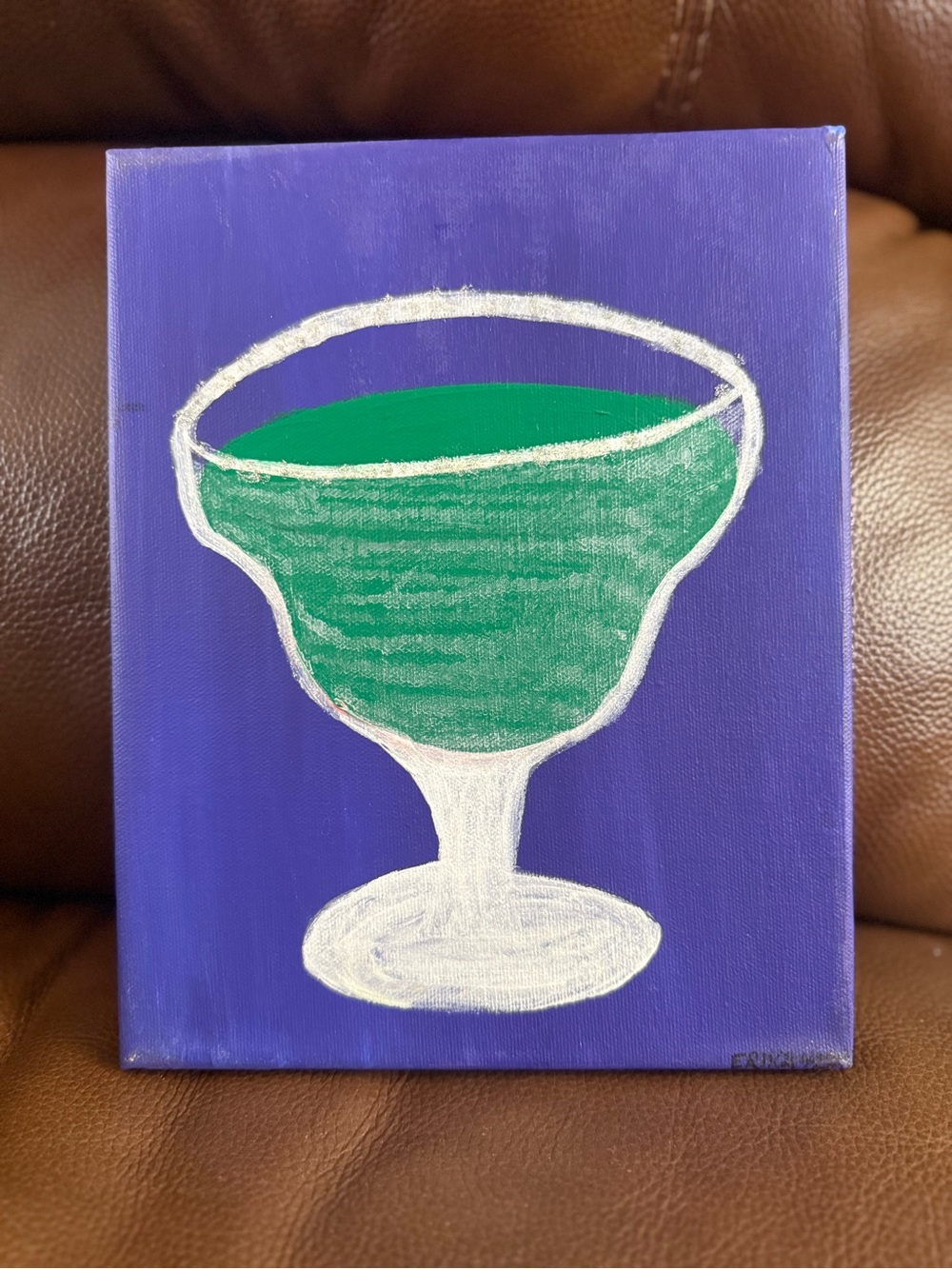 Hand-Painted Green Cocktail Glass Art on Purple Canvas - NEW
